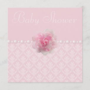 Vintage Pink Damask, Rose & Pearls Baby Shower Invitation