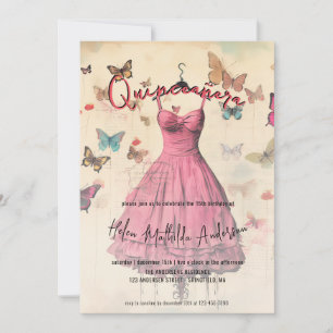 Vintage Pink Dress Butterfly Quinceanera Invitation
