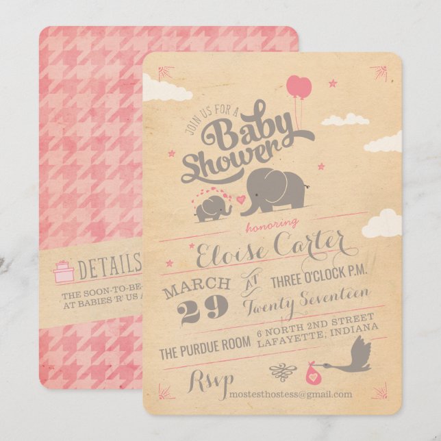 Vintage Pink Elephant Baby Shower Invitations (Front/Back)