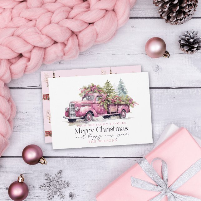 Vintage Pink Farm Truck Christmas Tree Holiday Card (Creator Uploaded)