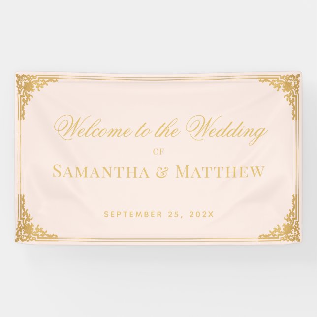 Vintage Pink Faux Gold Elegant Wedding Welcome Banner (Horizontal)