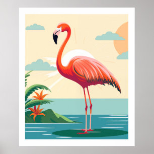Vintage Pink Flamingo on Beach Poster