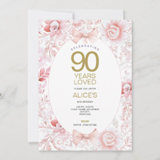 Vintage Pink Floral 90th Birthday Invitation
