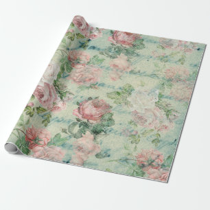 Vintage Pink Floral and Teal Ink Wrapping Paper