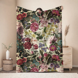 Vintage pink floral beige pattern fleece blanket