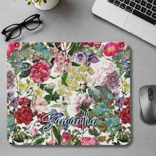 Vintage pink floral beige pattern monogram mouse p mat
