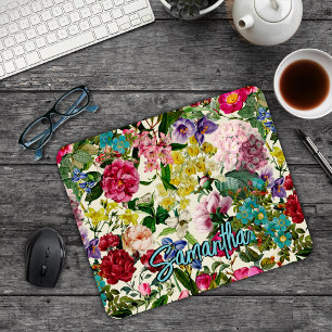 Vintage pink floral beige pattern monogram mouse p mouse mat