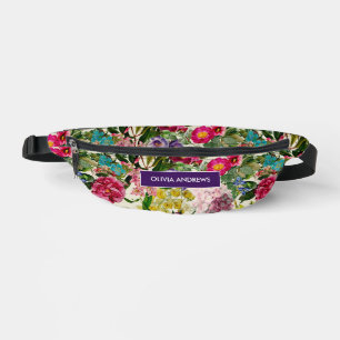 Vintage pink floral beige pattern monogram printed bum bags