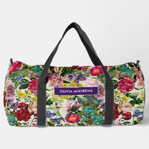 Vintage pink floral beige pattern monogram printed duffle bag