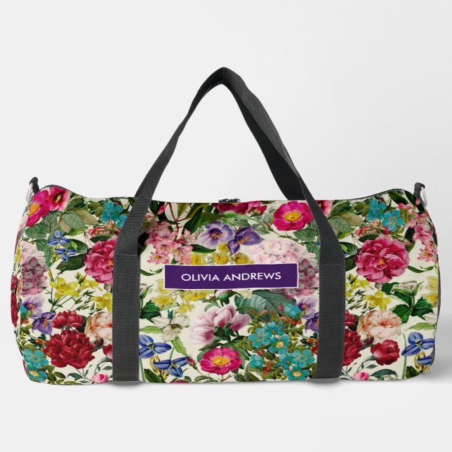 Vintage pink floral beige pattern monogram printed duffle bag (Front)