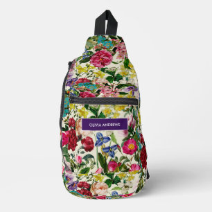Vintage pink floral beige pattern monogram printed sling bag
