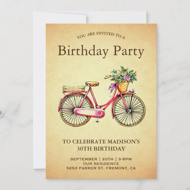 Vintage Pink Floral Bicycle Birthday Party Invitation (Front)