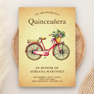 Vintage Pink Floral Bicycle Quinceanera Invitation