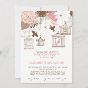 Vintage Pink Floral Birdcages Birthday Invitations