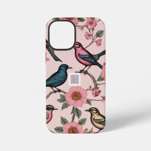 Vintage pink floral birds botanical monogram iPhone 12 mini case