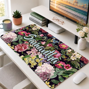 Vintage Pink Floral Black Monogram Pattern Desk Mat
