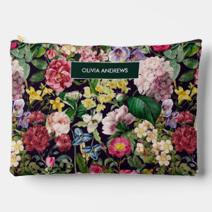 Vintage pink floral black pattern monogram  accessory pouch