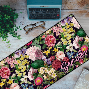 Vintage pink floral black pattern monogram  desk mat