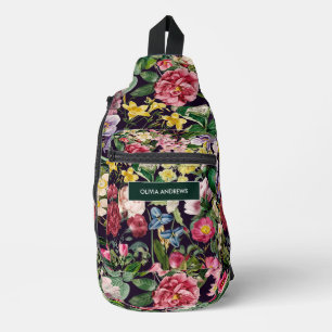 Vintage pink floral black pattern monogram printed sling bag