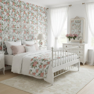 Vintage Pink Floral Botanical Elegant Green Leaf Wallpaper