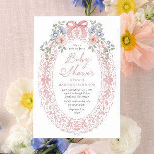 Vintage Pink Floral Bow Baby Shower Invitation