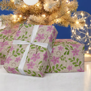Vintage Pink Floral Burlap Christmas Wrapping Paper
