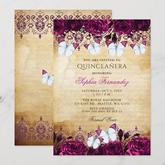 Vintage Pink Floral Butterfly Quinceañera  Invitation (Front/Back)