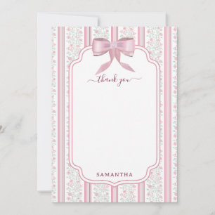 Vintage Pink Floral Coquette Bow Custom Name Thank You Card