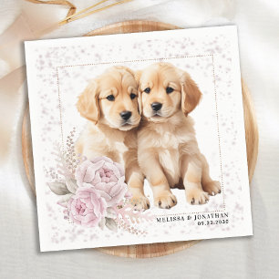 Vintage Pink Floral Golden Retriever Dog Wedding Napkin