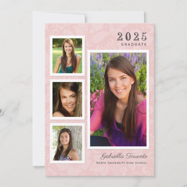 Vintage Pink Floral Graduation Photo Collage Invitation (Front)