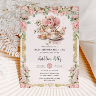 Vintage Pink Floral High Tea Party Baby Shower  Invitation