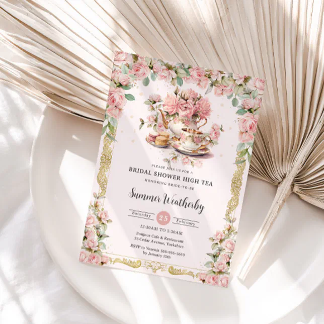 Vintage Pink Floral High Tea Party Bridal Shower Invitation | Zazzle