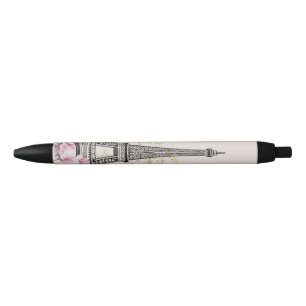 vintage pink floral, hina pattern eiffel tower black ink pen