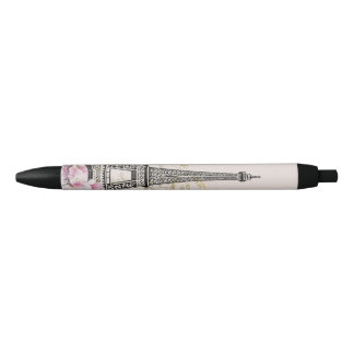 vintage pink floral, hina pattern eiffel tower black ink pen