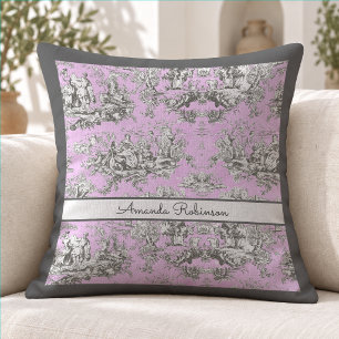 Vintage Pink Floral Lake Toile Monogram Cushion