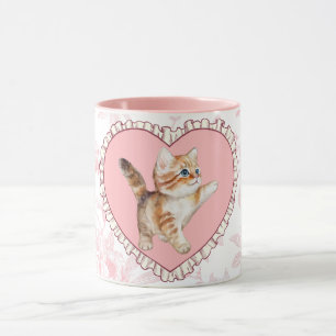 Vintage Pink Floral Mug with Playful Kitten Heart
