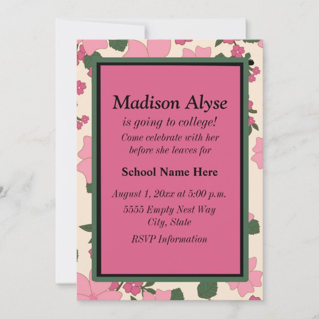Vintage Pink Floral "Off To College" Invitation (Front)