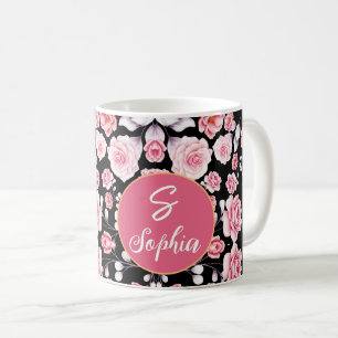 Vintage pink Floral pattern Monogrammed Coffee Mug