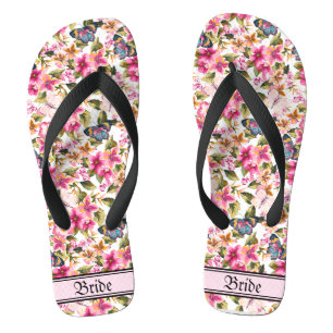 Vintage Pink Floral Pattern Wedding Bride Flip Flops