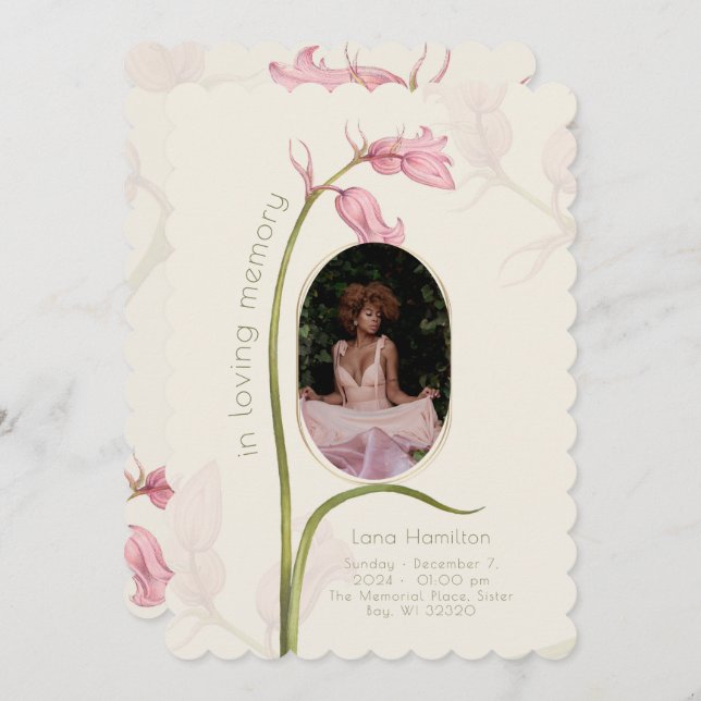 Vintage Pink Floral Photo Funeral Program Invitation (Front/Back)