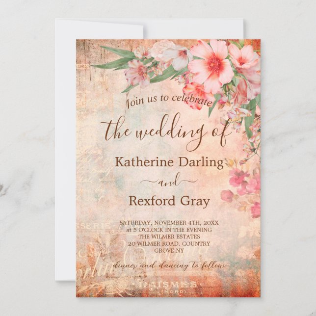 Vintage Pink Floral QR Code Wedding Invitation  (Front)