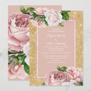 Vintage Pink Floral Rose Gold Glitter Wedding Invitation