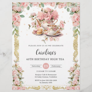 Vintage Pink Floral Roses High Tea Party Birthday Flyer