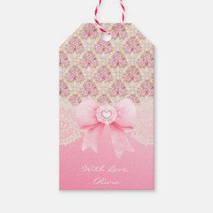 Vintage Pink Floral Roses Ribbon And Lace Gift Tags