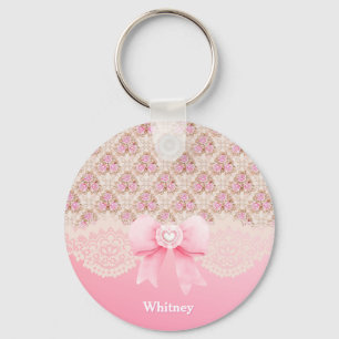 Vintage Pink Floral Roses Ribbon And Lace Monogram Key Ring