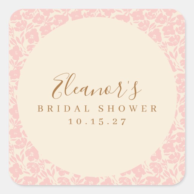 Vintage Pink Floral Script Bridal Shower Custom Square Sticker (Front)