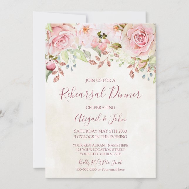 Vintage Pink Floral Spring Rehearsal Dinner Invitation (Front)