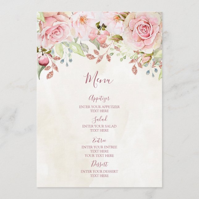 Vintage Pink Floral Spring Wedding Menu (Front)