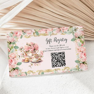 Vintage Pink Floral Tea Party Gift Registry QR Enclosure Card