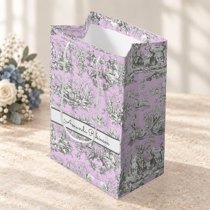 Vintage Pink Floral Toile de Jouy Initial Monogram Medium Gift Bag